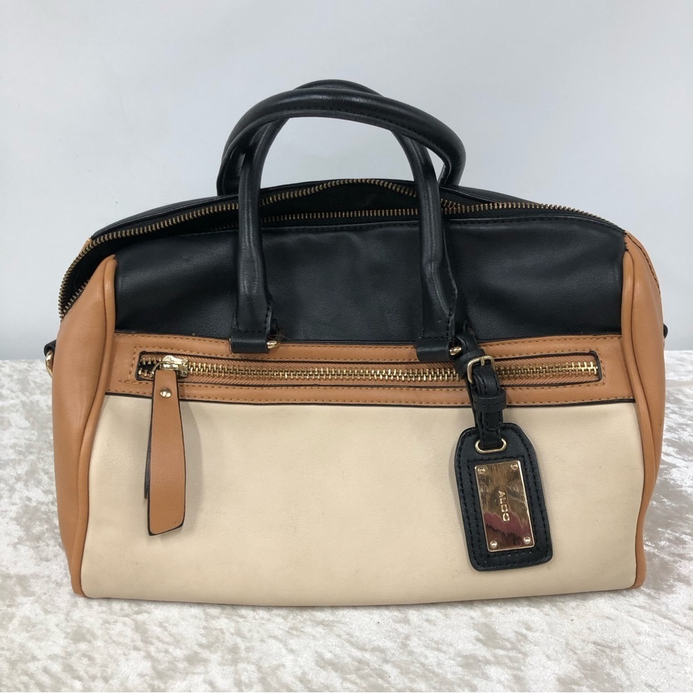 Aldo satchel bag with gold tone accents three toned color purse cream tan black